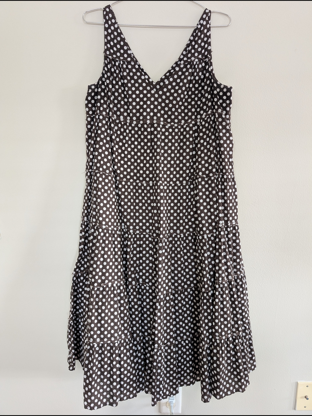 100% Cotton Brown & White Polka Dot Tiered V-Neck Midi Dress Size 10